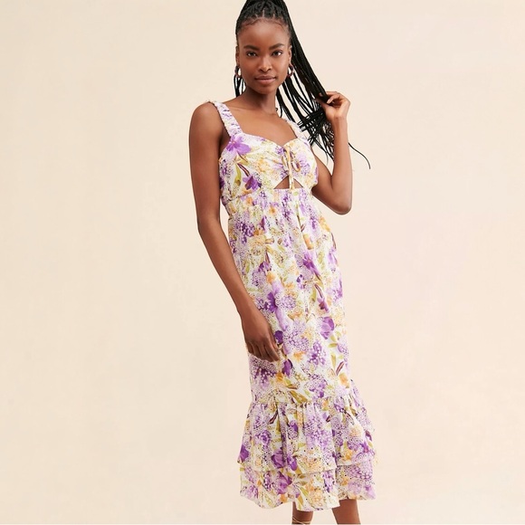 Anthropologie Adelyn Rae Kathleena Eyelet Midi Dress Embroidered Ruffle Small - Picture 1 of 16